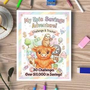 May include: A colorful savings challenge and tracker titled "My Epic Savings Adventure!" features a cartoon Highland cow holding ice cream and coffee. The image includes text that reads "30 Challenges Over $11,000 in Savings!" and is surrounded by various illustrations.
