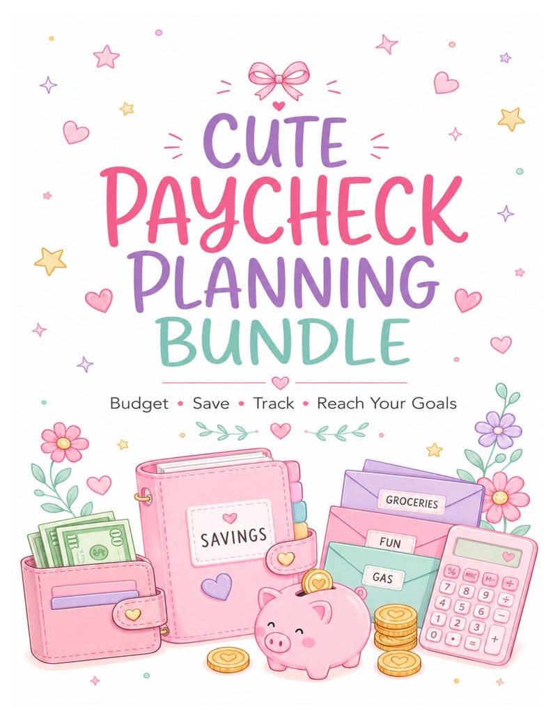 May include: A digital illustration titled CUTE PAYCHECK PLANNING BUNDLE with the subtitle Budget, Save, Track, Reach Your Goals. It features a pink wallet with cash, a pink savings binder, a piggy bank with coins, colored envelopes, and a calculator.