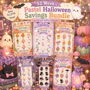 May include: A pastel Halloween savings bundle with six cash stuffing challenges. The image shows cards with illustrations of pumpkins, ghosts, candy corn, black cats, and other spooky elements. The total savings amount is £1,100.