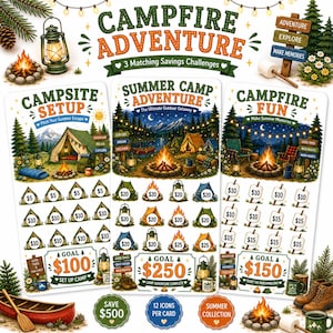 May include: Three rectangular savings challenge cards titled Campfire Adventure, Summer Camp Adventure, and Campfire Fun. Each card features camping illustrations, including tents, campfires, and lanterns, with scratch-off icons labeled with dollar amounts.