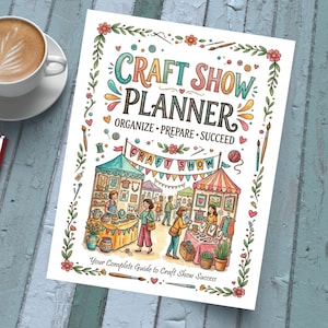 以下が含まれることがあります： 「Craft Show Planner」というカラフルな本で、「Organize, Prepare, Succeed」というテキストが書かれています。表紙には、出店者と顧客がいるクラフトフェアのイラストが描かれています。本は水色の木製の表面にあり、左上にコーヒーカップがあります。