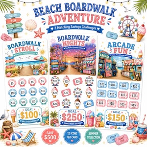 May include: Three rectangular savings challenge cards titled Beach Boardwalk Adventure, Boardwalk Nights, and Arcade Fun. Each card features colorful illustrations of seaside scenes, amusement park rides, and ticket icons with dollar amounts.