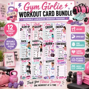 Puede incluir: Un paquete de tarjetas de entrenamiento Gym Girlie con 12 rastreadores laminados reutilizables de borrado en seco. El set incluye rutinas para piernas, gl&uacute;teos, core, brazos, espalda, pesas, cuerpo completo y planes de recuperaci&oacute;n.