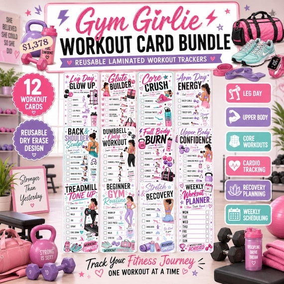 Gym Girlie Workout Tracker Cards | 12 Laminated Fitness Cards | Reusable Dry Erase | Gym Motivation Bundle | Weight Loss & Strength Training