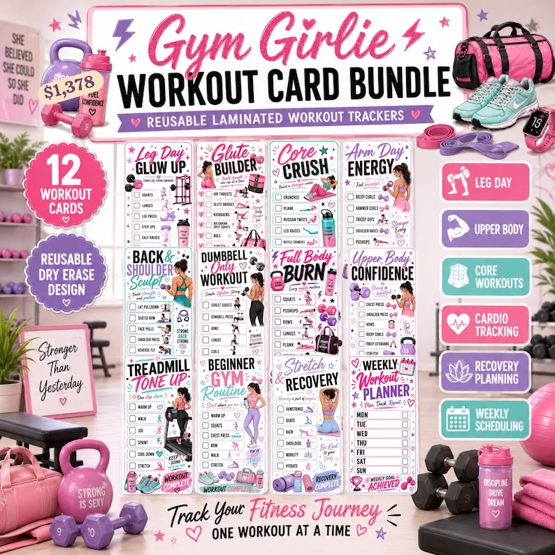Puede incluir: Un paquete de tarjetas de entrenamiento Gym Girlie con 12 rastreadores laminados reutilizables de borrado en seco. El set incluye rutinas para piernas, gl&uacute;teos, core, brazos, espalda, pesas, cuerpo completo y planes de recuperaci&oacute;n.