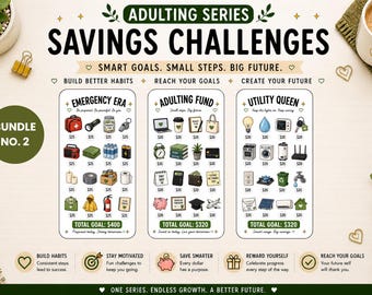 No. 2 Adulting Series Bundle | Laminated Savings Challenge Set | Cash Stuffing Challenge Cards | Budget Tracker | 3x6 Savings Cards