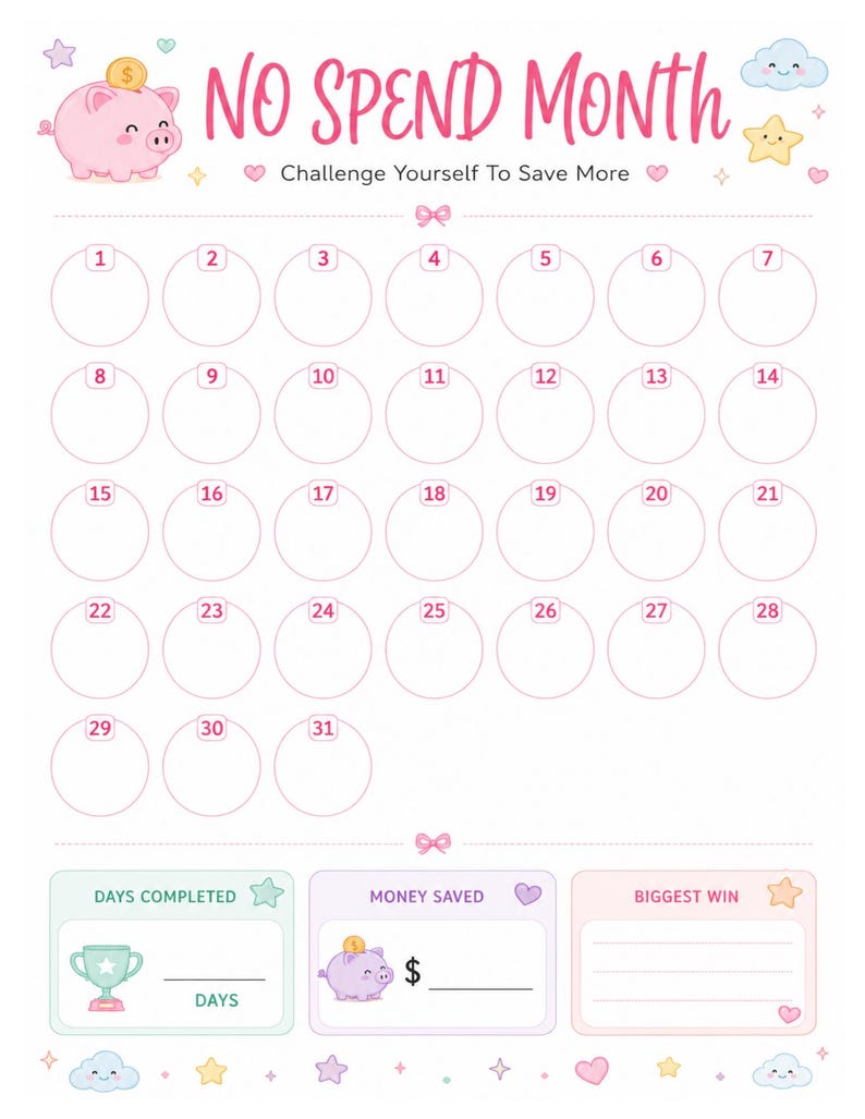 May include: A No Spend Month challenge tracker sheet featuring a pink piggy bank, stars, and clouds. It includes a calendar grid with numbered circles from 1 to 31, and sections at the bottom for tracking days completed, money saved, and biggest win.