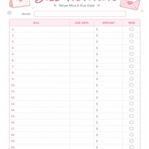 May include: A pink and white bill tracker printable sheet with the text BILL TRACKER and Never Miss A Due Date. It features a calendar icon, an envelope icon, and a table with columns for bill name, due date, amount, and a paid checkbox column.