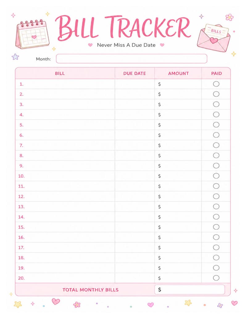 May include: A pink and white bill tracker printable sheet with the text BILL TRACKER and Never Miss A Due Date. It features a calendar icon, an envelope icon, and a table with columns for bill name, due date, amount, and a paid checkbox column.