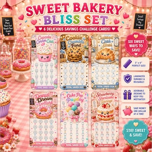 Peut inclure: Ensemble de cartes de défi d'épargne Sweet Bakery Bliss Set. L'ensemble comprend six cartes avec des motifs adorables, dont un cupcake, un cookie, un croissant, un donut, un cake pop et un shortcake aux fraises. Chaque carte mesure 7,6 cm x 15,2 cm.