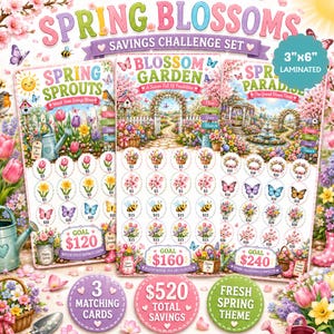 May include: A set of three laminated 7.6cm x 15.2cm savings challenge cards titled Spring Blossoms, Blossom Garden, and Spring Paradise. Each card features colourful floral illustrations, garden scenes, and circular scratch-off icons with dollar amounts.