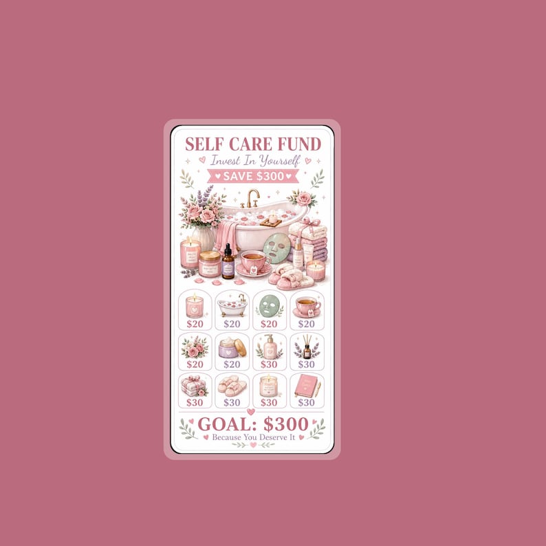 May include: A rectangular savings tracker card titled SELF CARE FUND Invest In Yourself SAVE $300. The design features illustrations of a bathtub, candles, skincare, and tea. It includes a grid of icons with dollar amounts and a GOAL: $300 label.