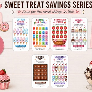 May include: A collection of laminated savings cards with a sweet treats theme. The cards feature illustrations of cotton candy, gummy bears, strawberries, sundaes, brownies, and milkshakes. The cards are 3" x 6" each and are designed for repeated use.