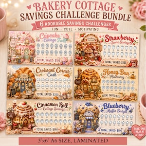 May include: A laminated savings challenge bundle with six bakery-themed designs. Each card features illustrations of a cupcake cottage, strawberry scone bakery, and croissant corner. The bundle is 7.6cm x 15.2cm and includes text that says "Bakery Cottage Savings Challenge Bundle".