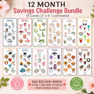 Peut inclure: Un ensemble de 12 cartes de défi d'épargne mensuel, laminées et mesurant 7,62 cm sur 15,24 cm. Chaque carte présente des illustrations thématiques colorées, des montants spécifiques pour les objectifs d'épargne et un total de 50 $ par carte.