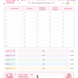 May include: A Debt Freedom Plan tracker sheet with a pink piggy bank, a flag labeled Debt Free, and a table for tracking ten debts. It includes columns for debt name, balance, payments, and remaining amounts, plus five progress bars and a total section.