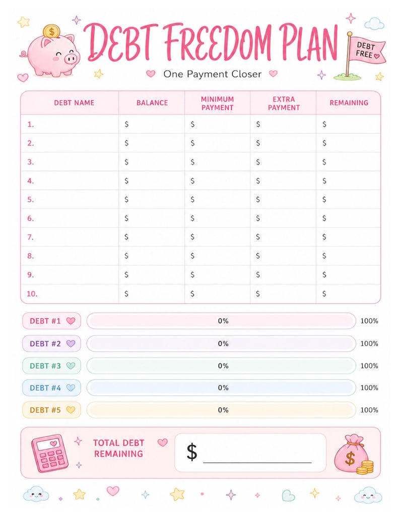 May include: A Debt Freedom Plan tracker sheet with a pink piggy bank, a flag labeled Debt Free, and a table for tracking ten debts. It includes columns for debt name, balance, payments, and remaining amounts, plus five progress bars and a total section.