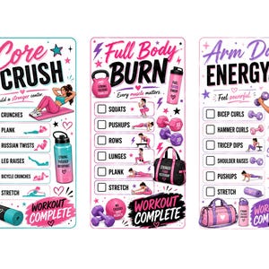 Puede incluir: Tres tablas de seguimiento de ejercicios rectangulares tituladas Core Crush, Full Body Burn y Arm Day Energy. Cada tabla presenta ejercicios ilustrados, casillas de verificaci&oacute;n, equipo de fitness y el texto Workout Complete.