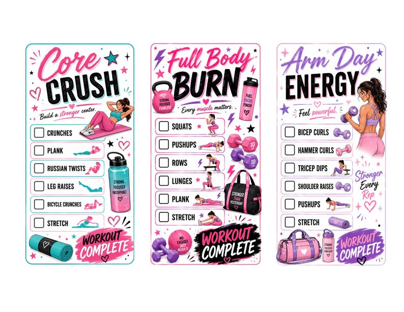Puede incluir: Tres tablas de seguimiento de ejercicios rectangulares tituladas Core Crush, Full Body Burn y Arm Day Energy. Cada tabla presenta ejercicios ilustrados, casillas de verificaci&oacute;n, equipo de fitness y el texto Workout Complete.
