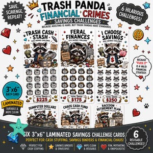 Peut inclure: Six cartes de défi d'épargne laminées de 3x6 pouces avec des illustrations de ratons laveurs et des thèmes financiers. Les cartes incluent Trash Cash Stash, Feral Finances, I Choose Savings, Dumpster Dollars, Chaos Cash Fund et Raccoon Retirement Plan.