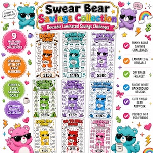 May include: A collection of nine reusable laminated savings challenge cards featuring colourful cartoon bears wearing sunglasses. Each card displays a unique humorous title, a central bear illustration, and small icons to track savings goals.