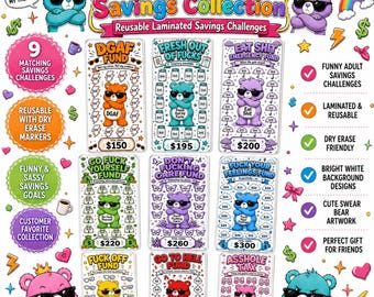Swear Bear Savings Challenge Bundle | Funny Adult Savings Challenges | Laminated Reusable Savings Cards | Dry Erase Budget Tracker Set
