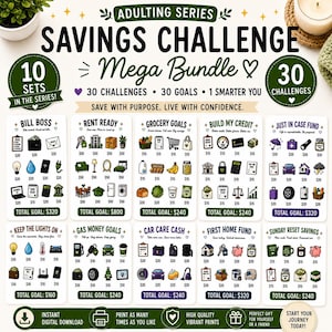 Peut inclure: Un imprimé de défi d'épargne coloré avec le texte "Adulting Series Savings Challenge Mega Bundle". Il comprend 10 ensembles avec 30 défis et objectifs, tels que "Bill Boss", "Rent Ready" et "Grocery Goals". Le but total de chaque ensemble est affiché.