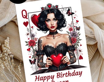 Biglietto di auguri di compleanno stampabile per la Regina di Cuori – Biglietto di auguri divertente – Download immediato – Biglietto stampabile fai da te – Compleanno della Regina Rossa