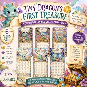 May include: A Tiny Dragon's First Treasure storybook savings quest collection featuring six illustrated cards with a green dragon character, coin and gem icons, and text including 3"x6" dimensions and savings challenge details.