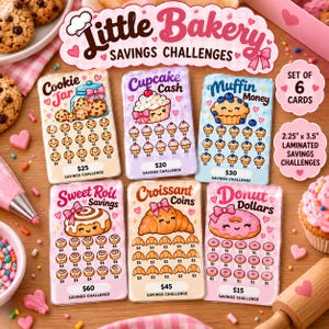 May include: A set of six laminated savings challenge cards titled Little Bakery Savings Challenges. Each card features a unique baked good illustration, including a cookie jar, cupcake, muffin, sweet roll, croissant, and donut, with 2.25" x 3.5" dimensions.