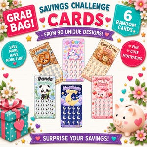 May include: An image promoting savings challenge cards with various designs, including a pretzel, unicorn, panda, and moon. The image includes text that says "Savings Challenge Cards" and "Surprise Your Savings!" A piggy bank and gift box are also shown.