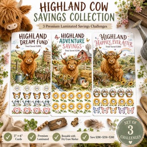 Highland Cow Savings Challenge Bundle | Set of 3 Laminated Cash Envelope Savings Trackers | Reusable Budget Cards | Farmhouse Challenge