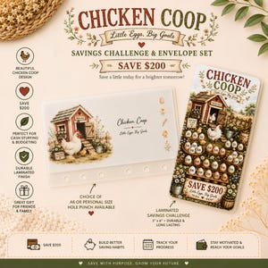 Peut inclure: Un ensemble de défi d'épargne et d'enveloppes Chicken Coop avec une grange rouge, des poules blanches et des motifs floraux. L'ensemble comprend un suivi d'épargne plastifié avec des icônes en forme d'œuf marquées de montants pour économiser 200 $.