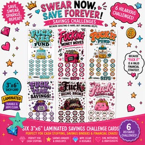 May include: Six 7.6 cm by 15.2 cm laminated savings challenge cards featuring colourful graphic designs and text including Fuck Yes Fund, Fucking Money Moves, Fuck It Fund, Fuck Yeah Savings, Fuck Being Broke, and Fuck Around & Save with currency amounts.