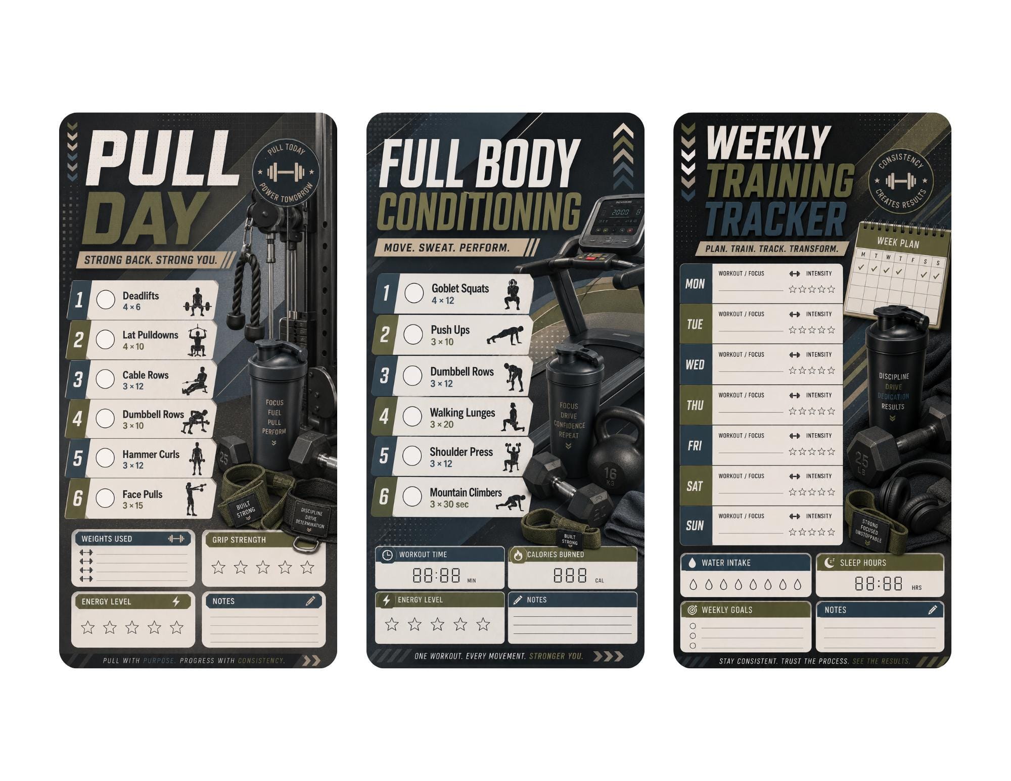 12 Laminated Fitness Workout Cards for Gym | 3x6 Pocket Workout Planner ...