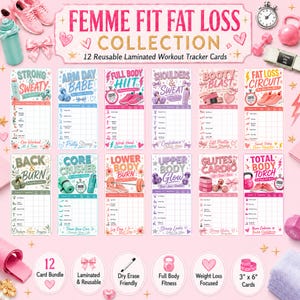 May include: A set of 12 reusable laminated workout tracker cards titled Femme Fit Fat Loss Collection. Each card features specific exercise routines, tracking grids, and colourful graphics including dumbbells, kettlebells, and trainers.