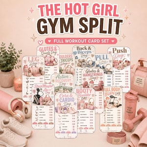 May include: A full workout card set with the text "THE HOT GIRL GYM SPLIT". The set includes cards for various workout days, such as "Leg Day", "Glutes & Quads Day", and "Booty Builder Day". Pink dumbbells, a shaker bottle, and a gym bag are also visible.