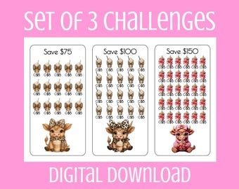 Download digitale del set di 3 sfide di risparmio Highland Cow