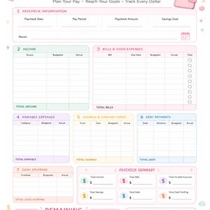 May include: A Paycheck Budget planner sheet with pink, green, yellow, and blue sections. It includes fields for income, bills, variable expenses, savings, debt, and cash stuffing, with a summary section and a space for financial wins.