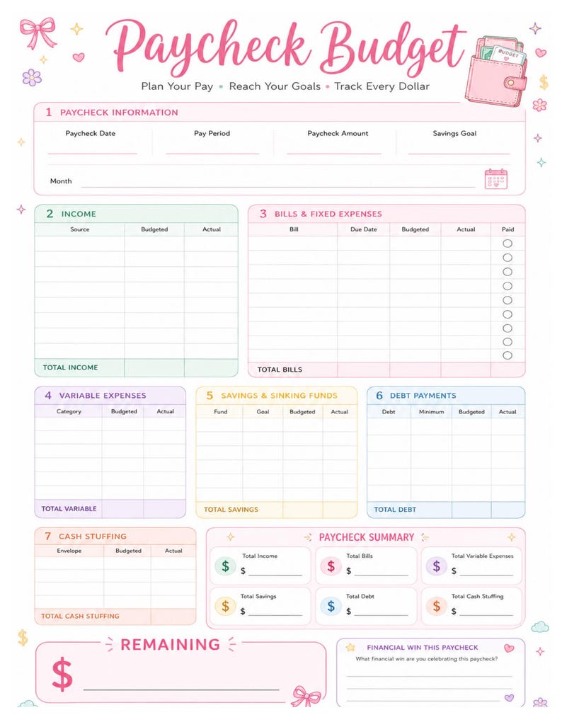 May include: A Paycheck Budget planner sheet with pink, green, yellow, and blue sections. It includes fields for income, bills, variable expenses, savings, debt, and cash stuffing, with a summary section and a space for financial wins.