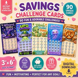 May include: A set of five colourful savings challenge cards with themes including a wizard, UFO, dinosaur, jellyfish, and pretzel. Each card measures 7.6 cm x 15.2 cm and has scratch-off areas for saving. The cards are designed for fun and motivation, available as a digital download.