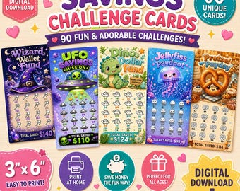 90 Cute Savings Challenge Cards Bundle – Digital Download Printable Savings Tracker Cards – Kawaii Budget Challenge Set – 3x6 Cash Stuffing
