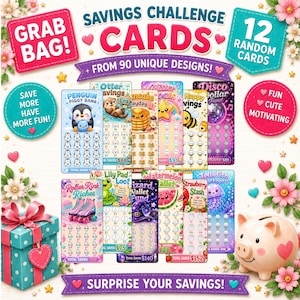 May include: A selection of colourful savings challenge cards featuring designs like a penguin piggy bank and roller skates. The cards are adorned with hearts and flowers, and the text "Savings Challenge Cards" is displayed prominently.