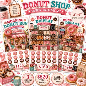 May include: A Donut Shop savings challenge set featuring three laminated 7.62 cm by 15.24 cm cards with donut-themed graphics, text, and monetary goals. The cards display illustrations of donut displays, coffee cups, and various donut varieties.