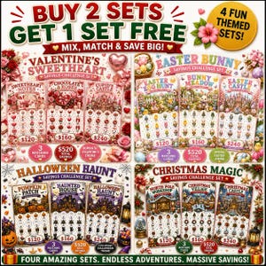 May include: A collection of four savings challenge sets featuring Valentine's, Easter, Halloween, and Christmas themes. Each set includes three cards with themed icons and specific savings goals of $120, $160, and $240, totaling $520 per set.