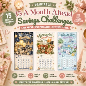 May include: A printable savings challenge set with three themed templates: electricity, groceries, and water bill. The design includes illustrations, text, and a goal-tracking chart. The image also features decorative elements like flowers, gifts, and a cup of coffee.