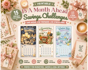 A Month Ahead Savings Challenge Bundle | Printable Savings Challenge Cards | Monthly Bills Savings Tracker | Cute Cash Stuffing Challenge