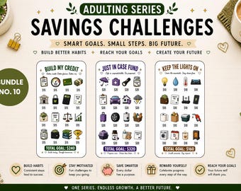 May include: A colorful savings challenges bundle with three themed sections: Build My Credit, Just In Case Fund, and Keep the Lights On. Each section features illustrated icons representing savings goals, with a total goal amount displayed. The Adulting Series is designed to build better habits.