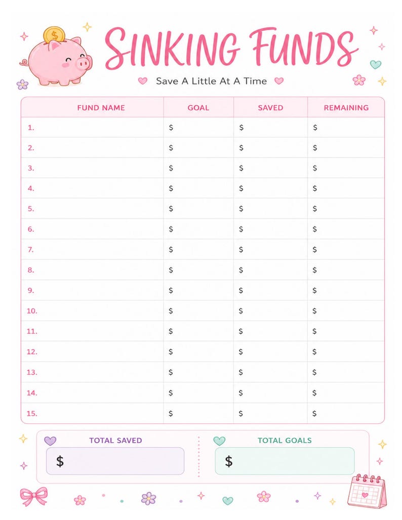May include: A pink and white Sinking Funds budget tracker sheet featuring a piggy bank illustration, the text Sinking Funds, Save A Little At A Time, and a table with columns for Fund Name, Goal, Saved, and Remaining, plus Total Saved and Total Goals boxes.