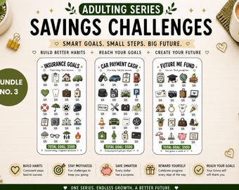 May include: A visual guide for savings challenges, featuring three themed sections: Insurance Goals, Car Payment Cash, and Future Me Fund. Each section has a total goal of $500, with icons representing various savings targets. The phrase "Adulting Series" is at the top.